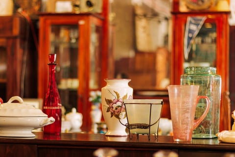 Colorful kitchen dishes and antiques